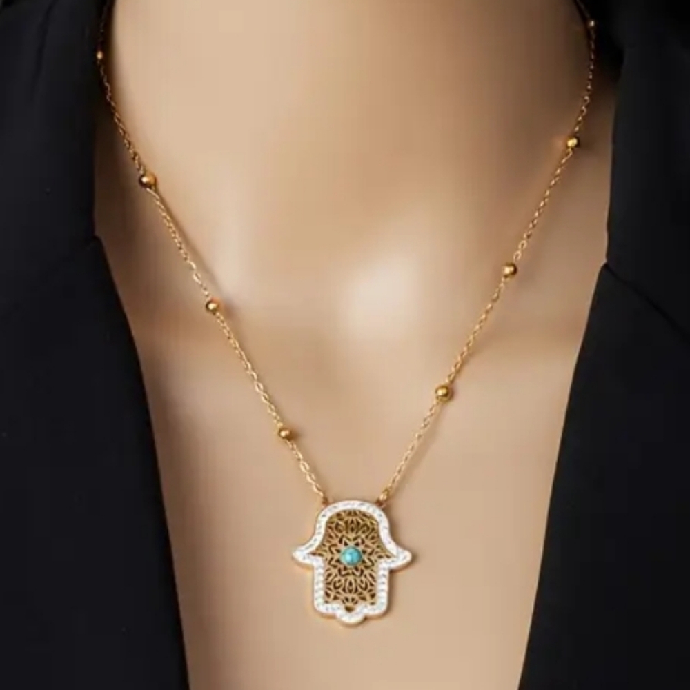 Gold and Turquoise Hamsa Pendant Necklace Stainless Steel
